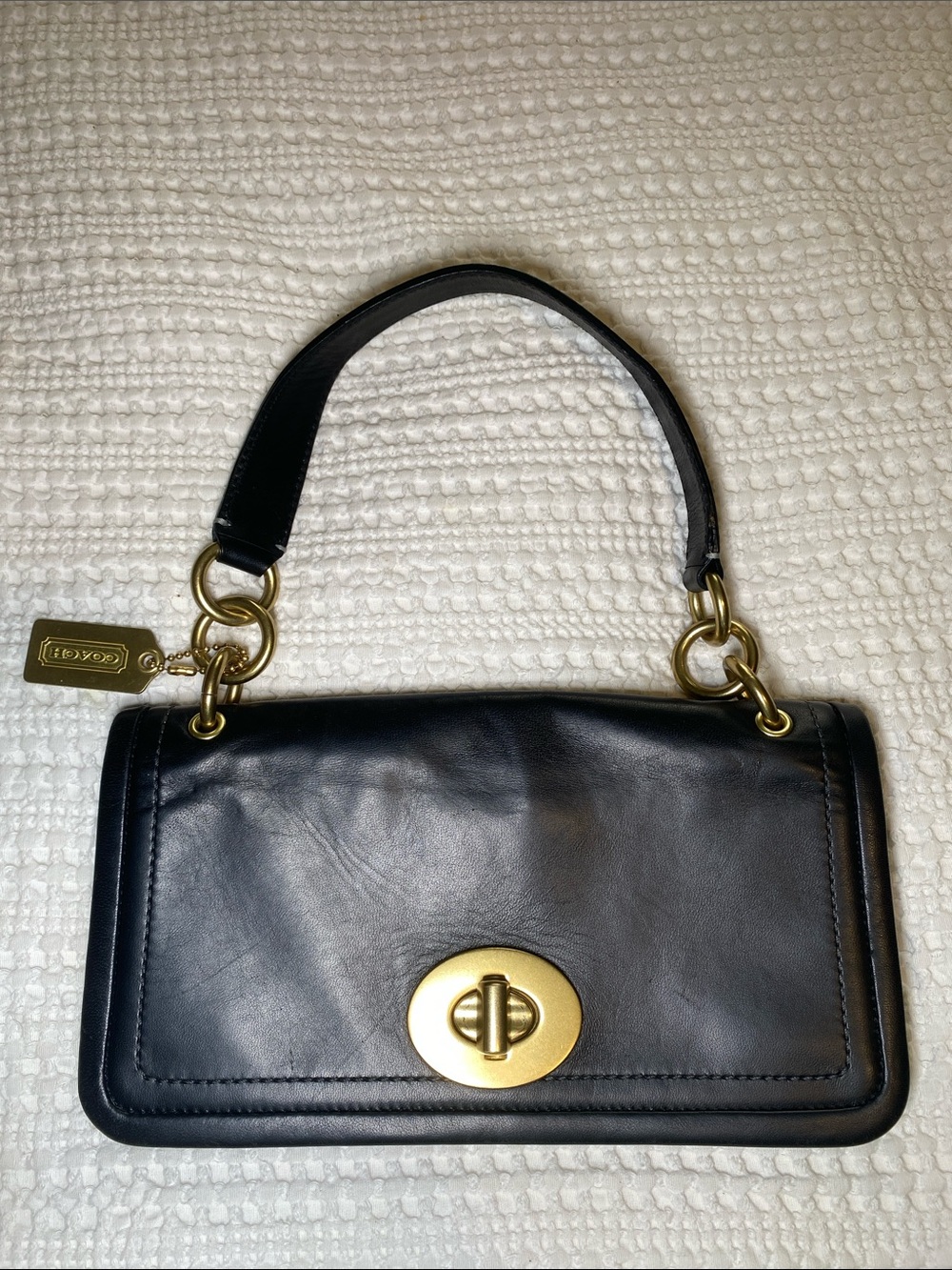 Coach Black Turn-lock Leather Bag with legacy 70th anniversary striped lining🌈